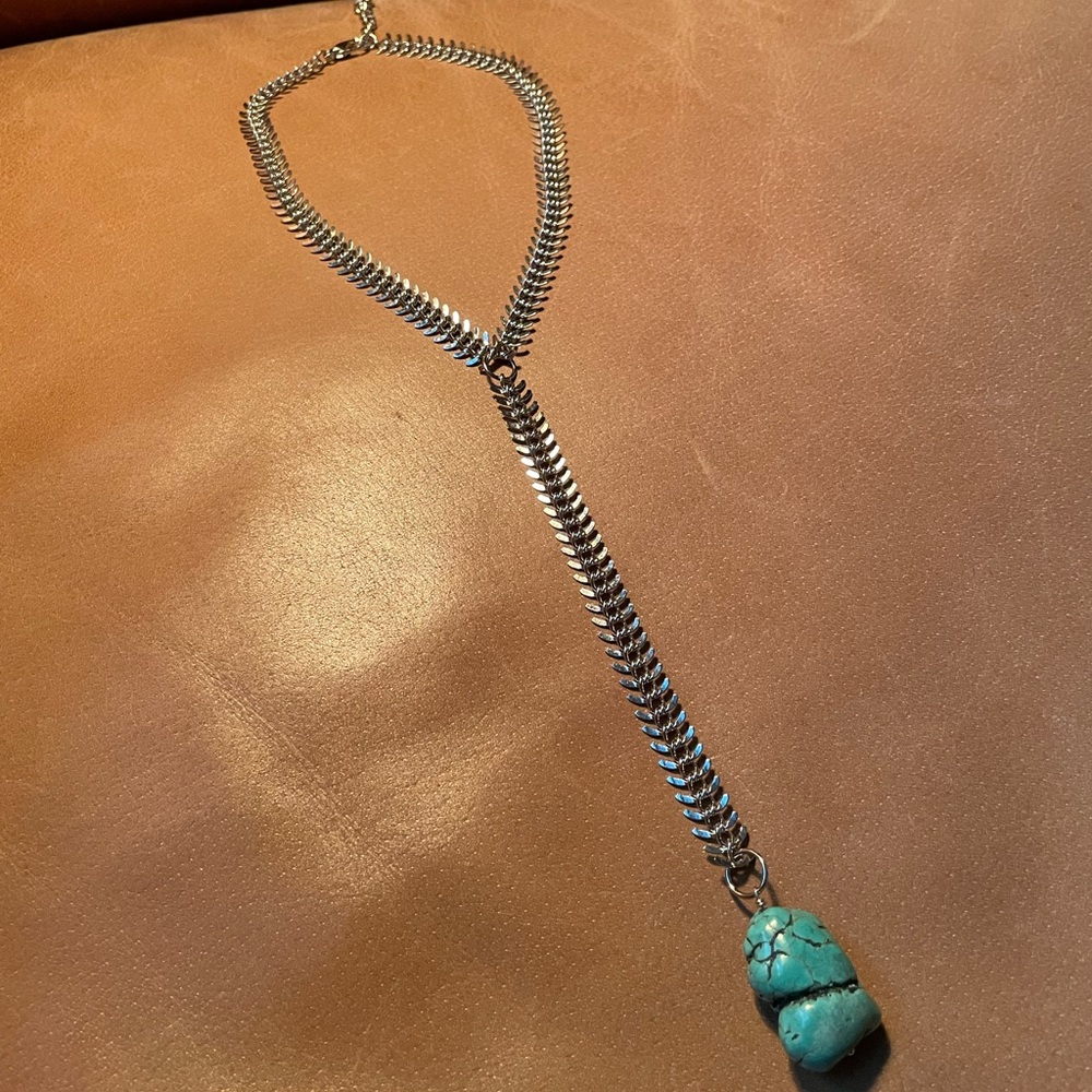 Turquoise vertebrae backbone lariat necklace silver blue Y necklace